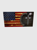 13x26 wooden American flag with rustic red white and blue finish, black background, metal cross and barbed wire