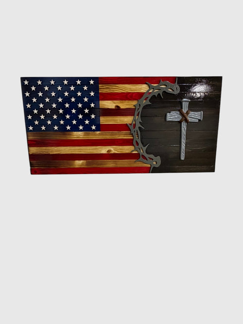 13x26 wooden American flag with rustic red white and blue finish, black background, metal cross and barbed wire