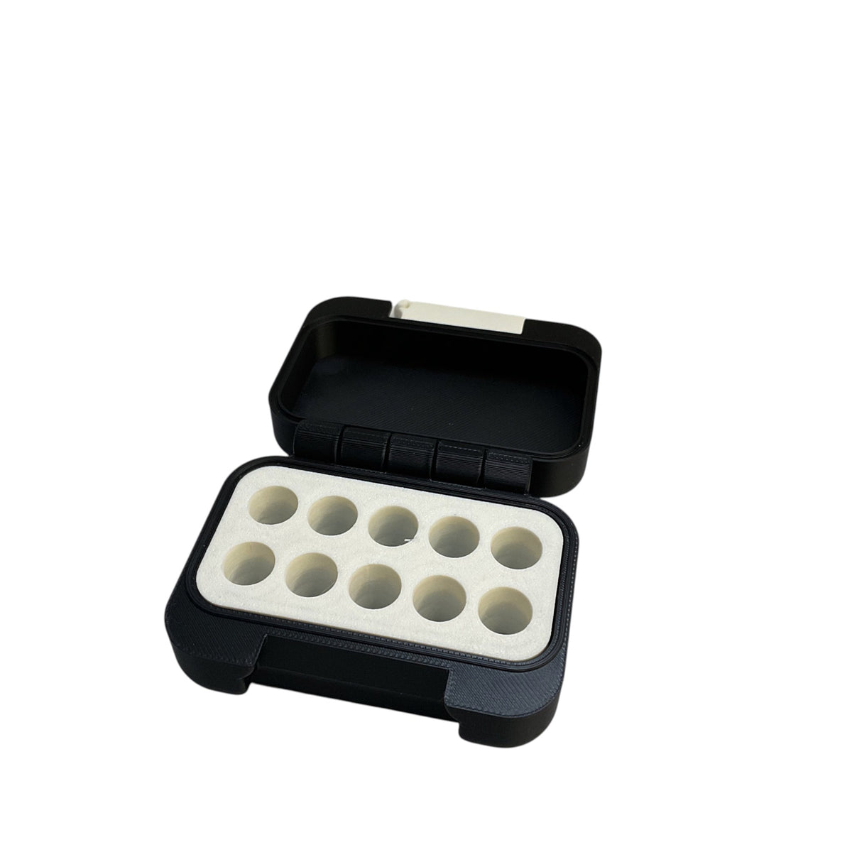 Open black 3D printed storage case with ten compartments