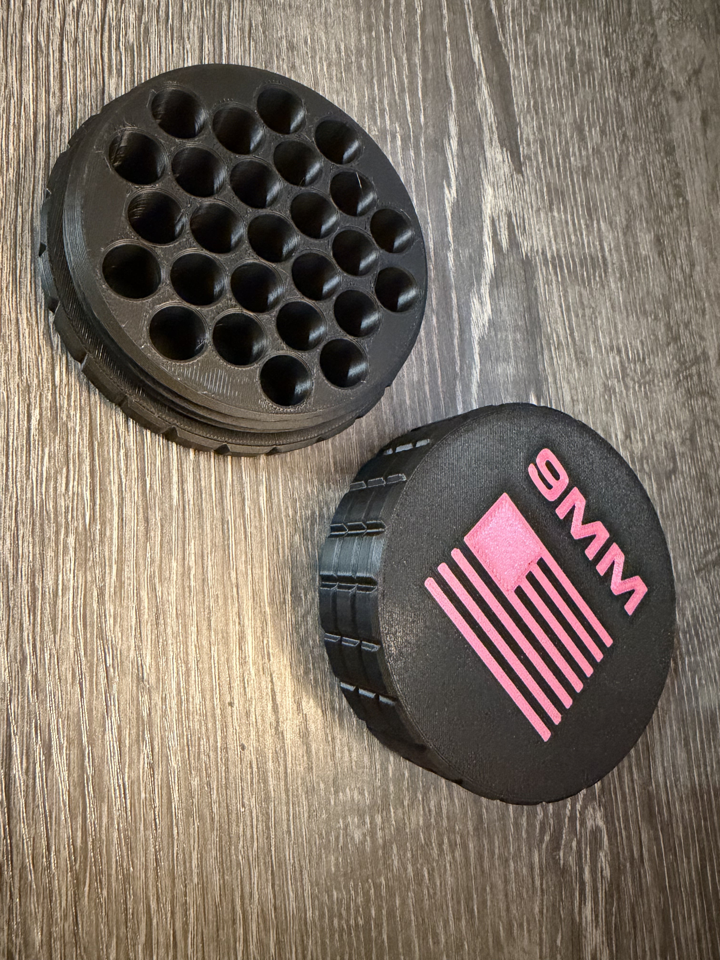 9mm ammo holder open showing 21-round insert blue