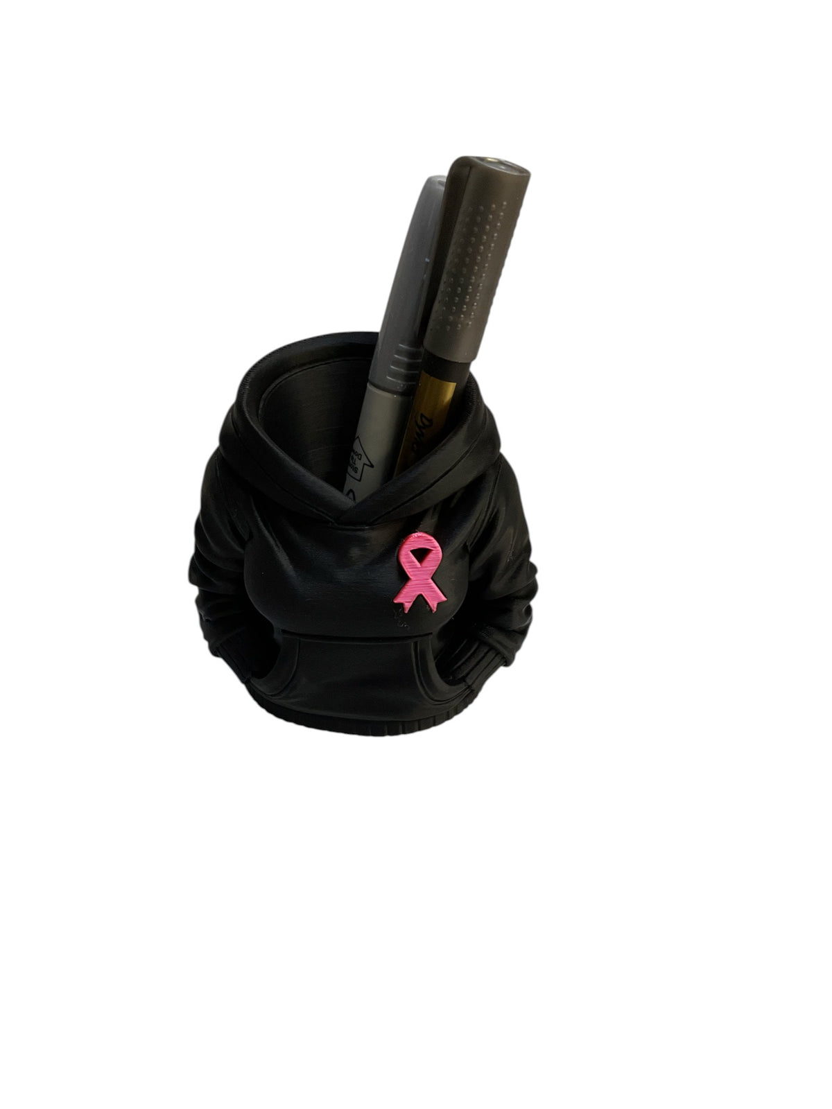 Black 3D printed hoodie pen holder with pink ribbon and pens