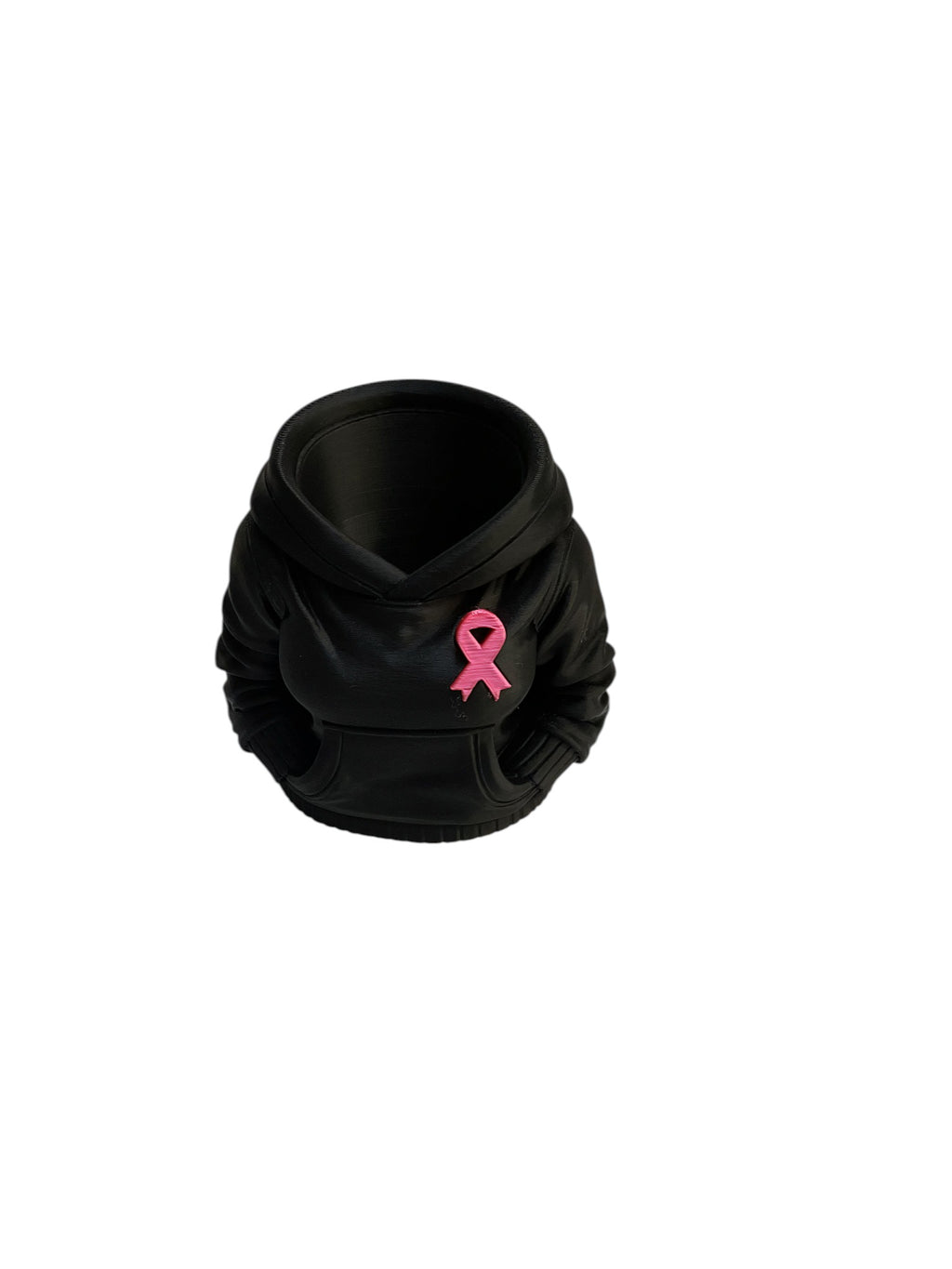 Black 3D printed hoodie pen holder with pink ribbon