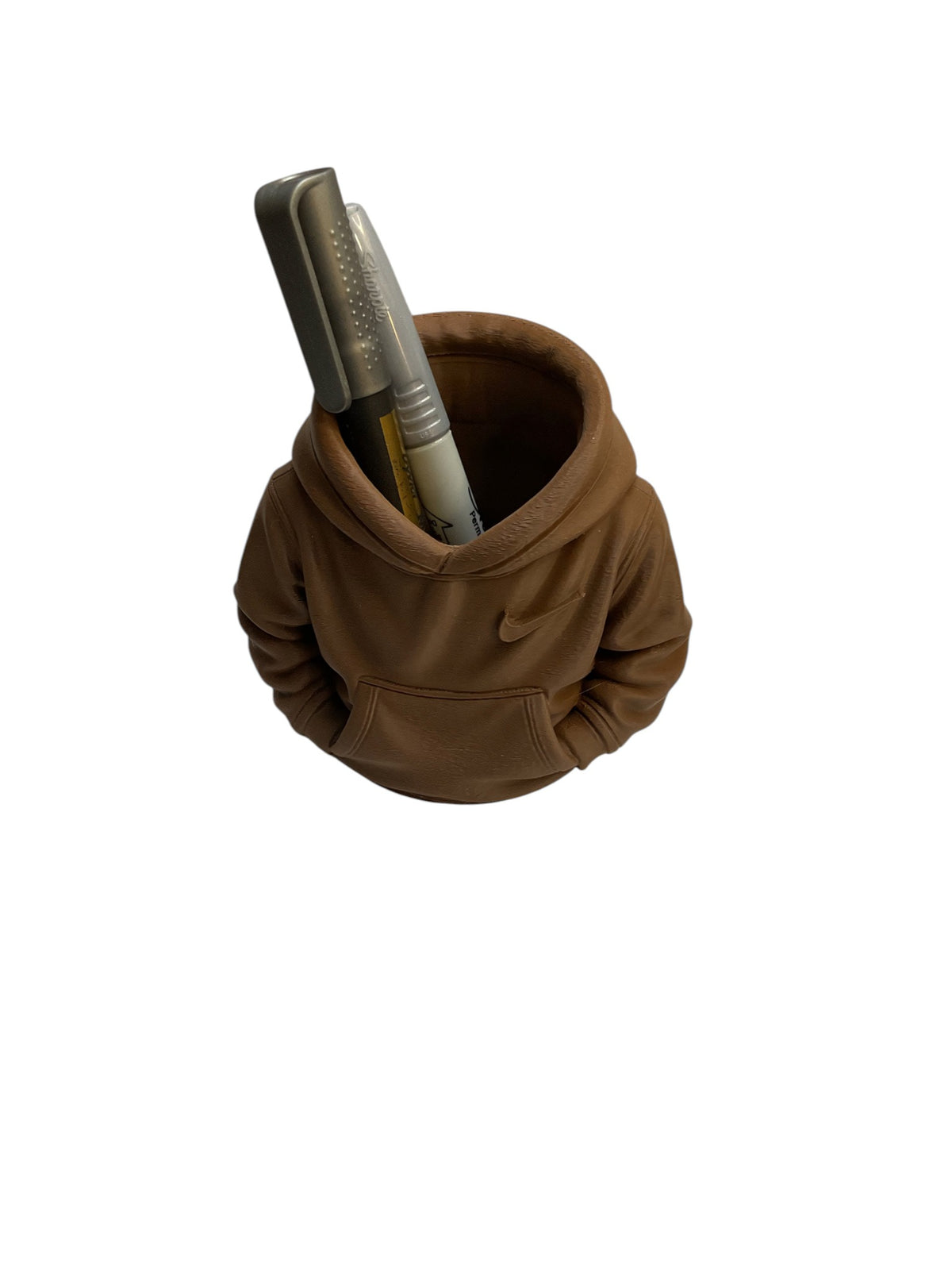 Brown 3D printed hoodie pen holder with pens
