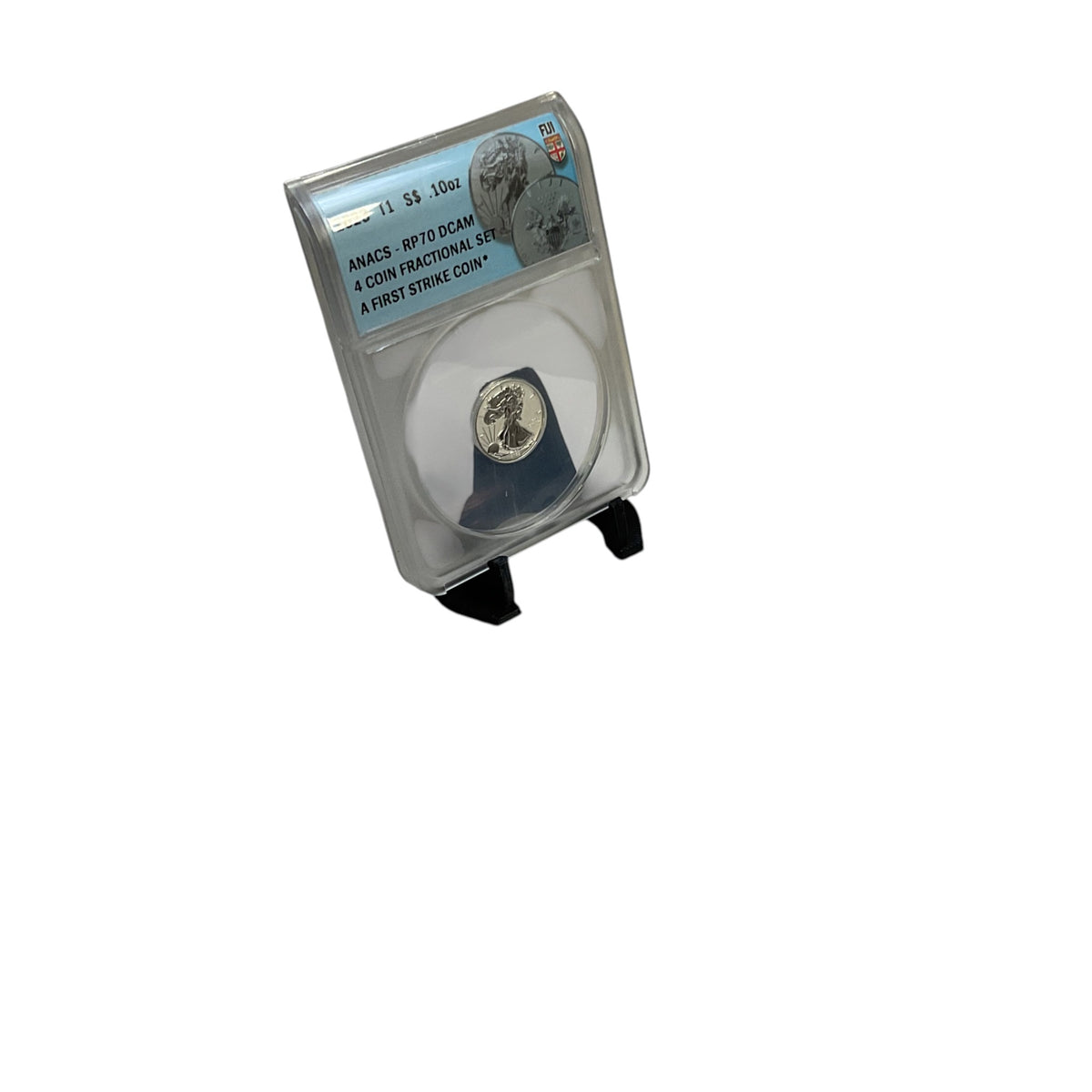 Black display stand holding a graded coin slab