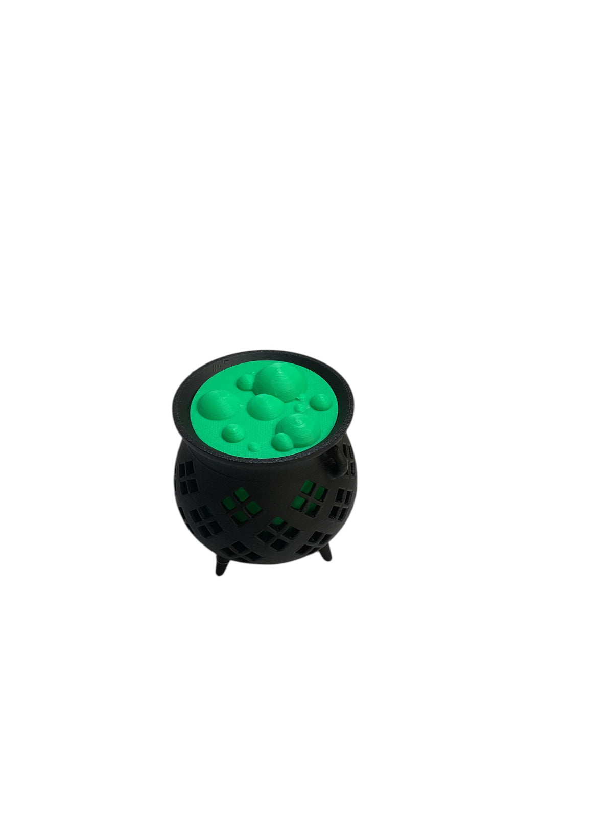 Black 3D printed cauldron wax warmer with green top