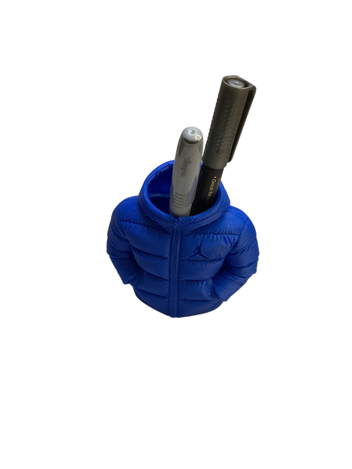Blue 3D printed puffer jacket pencil holder with pens