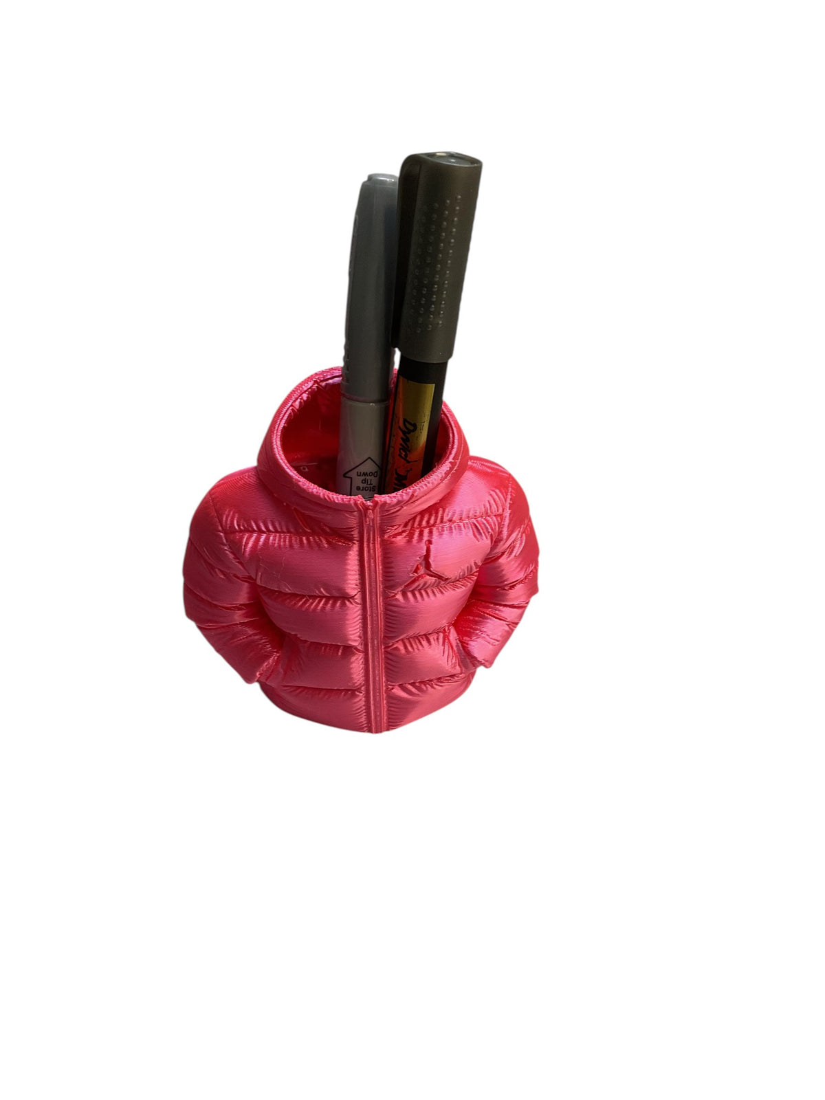 Pink 3D printed puffer jacket pencil holder with pens