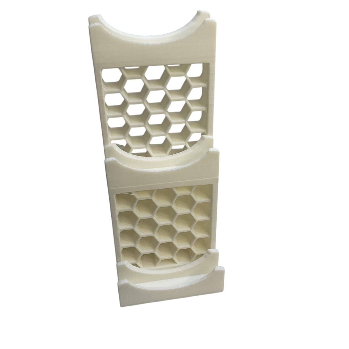 White 3D printed two-tier coin display stand with honeycomb back